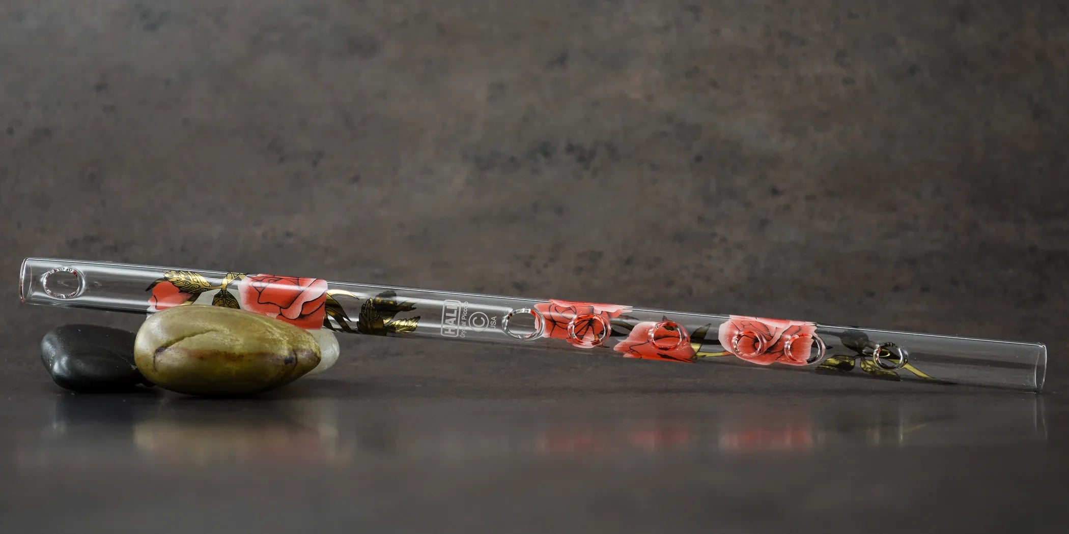 Red Rose with Gold Leaf Hall Crystal Flute