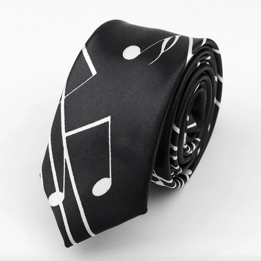 Neck Tie - Skinny Black with White Swirl Music Staff