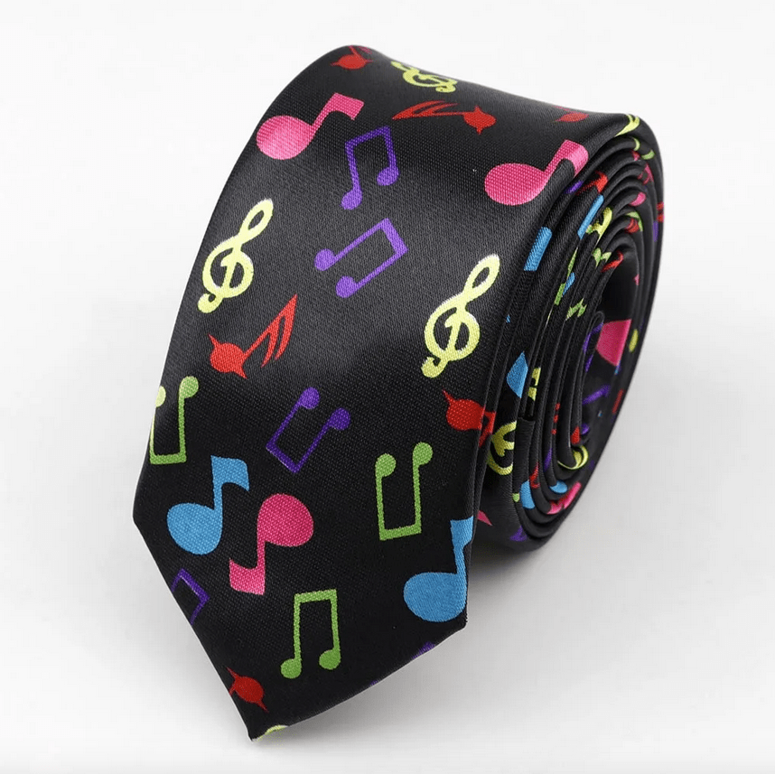 Neck Tie - Skinny Black with Multicolor Notes