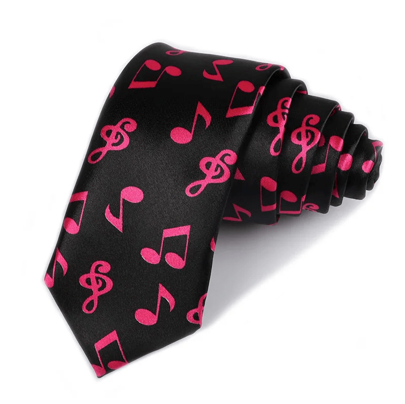 Neck Tie - Wide Black with Pink Music Notes