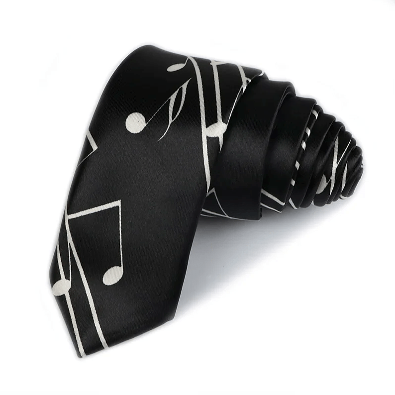 Neck Tie - Wide Black with White Swirl Music Staff