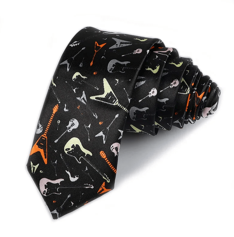 Neck Tie - Wide Black with Multicolor Guitars
