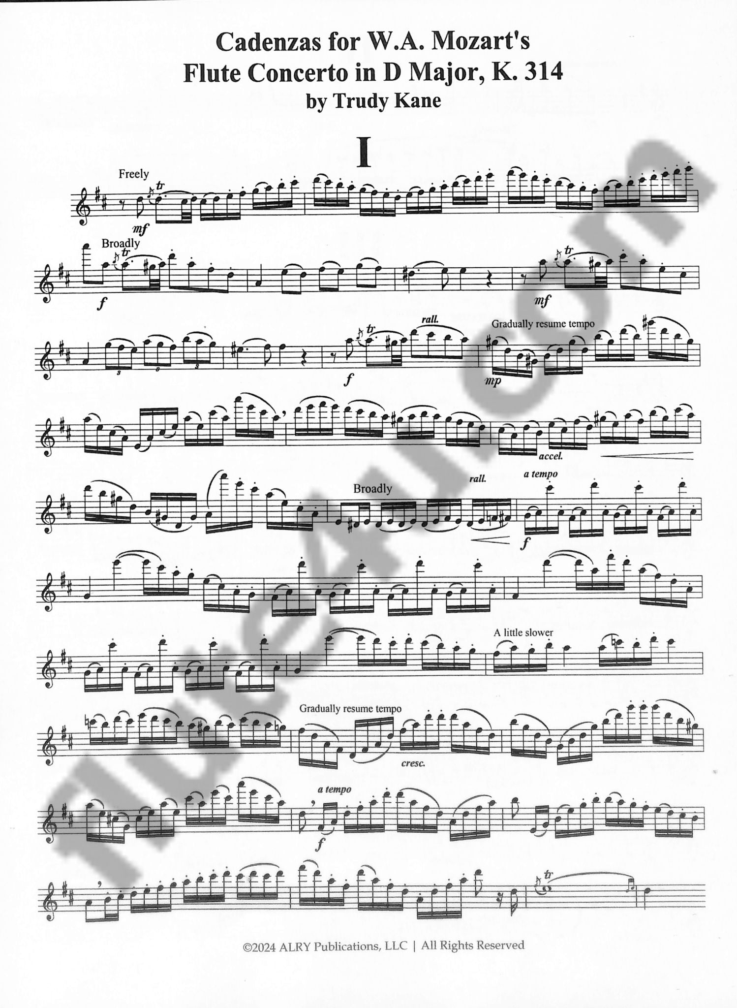 Kane, T :: Cadenzas for Mozart's Flute Concerto in D Major, K. 314