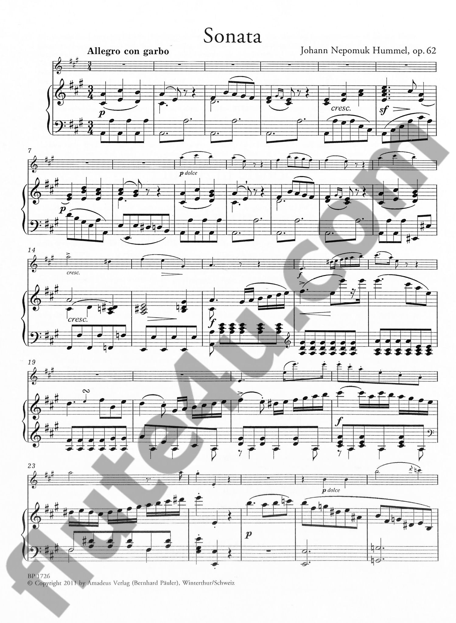 Hummel, JN :: Sonate in A major op. 62