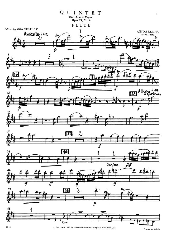 Reicha, A :: Quintet No. 16 in D major, op. 99, No. 4
