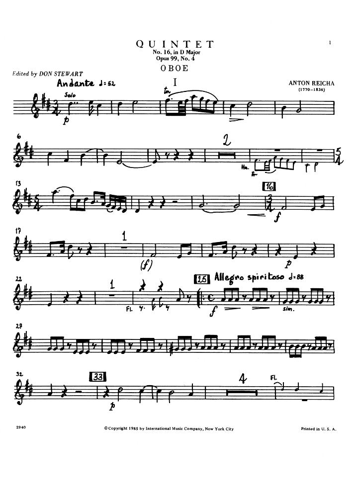 Reicha, A :: Quintet No. 16 in D major, op. 99, No. 4