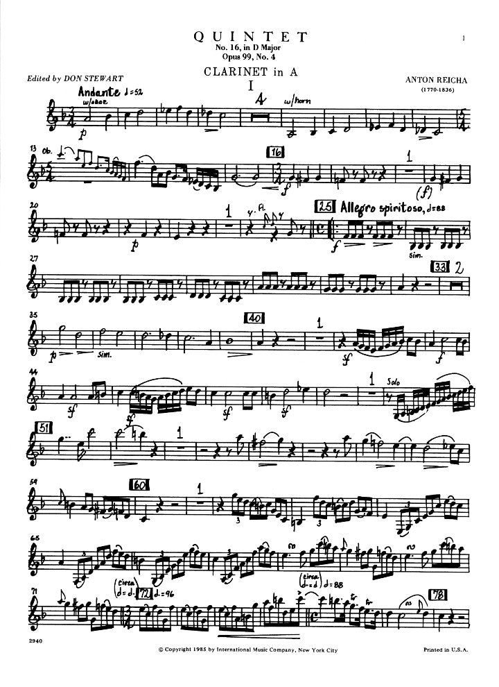 Reicha, A :: Quintet No. 16 in D major, op. 99, No. 4