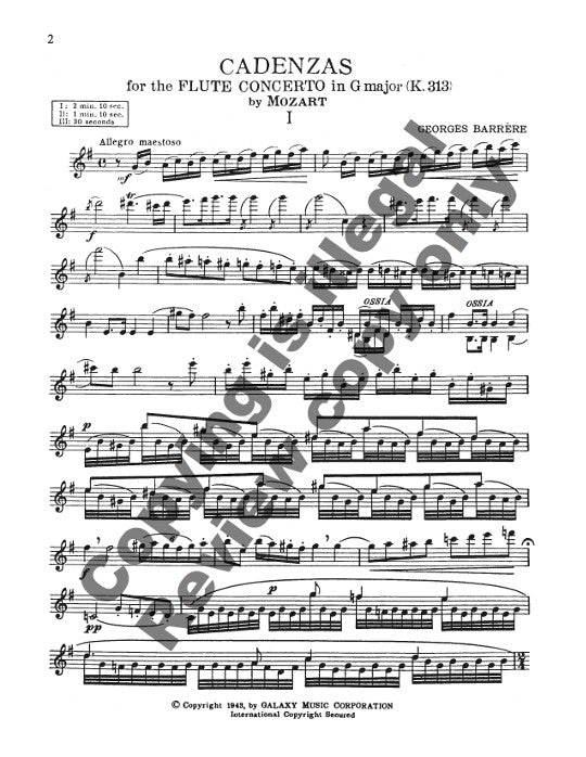 Barrere, G :: Mozart: Cadenzas for Concerto in G Major (K. 313K)
