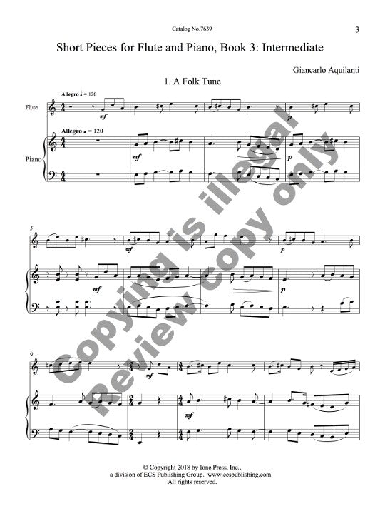 Aquilanti, G :: Short Pieces for Flute and Piano Book 3: Intermediate
