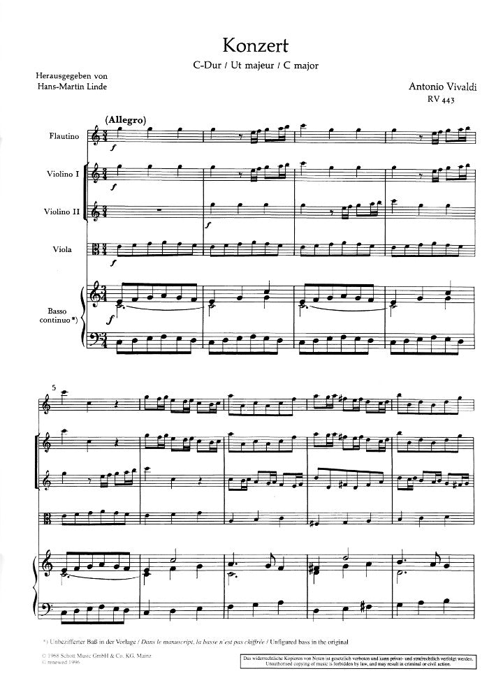 Vivaldi, A :: Piccolo Concerto C Major RV 443, Op. 44, No. 11 (Score)