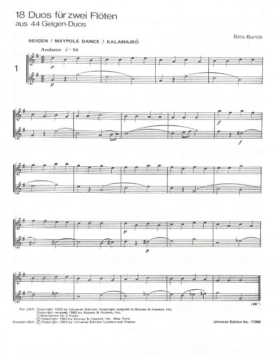 Bartok, B :: 18 Duos for Two Flutes