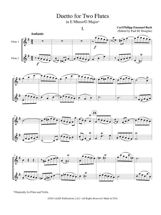 Bach, CPE :: Duetto for Two Flutes in E Minor/G Major