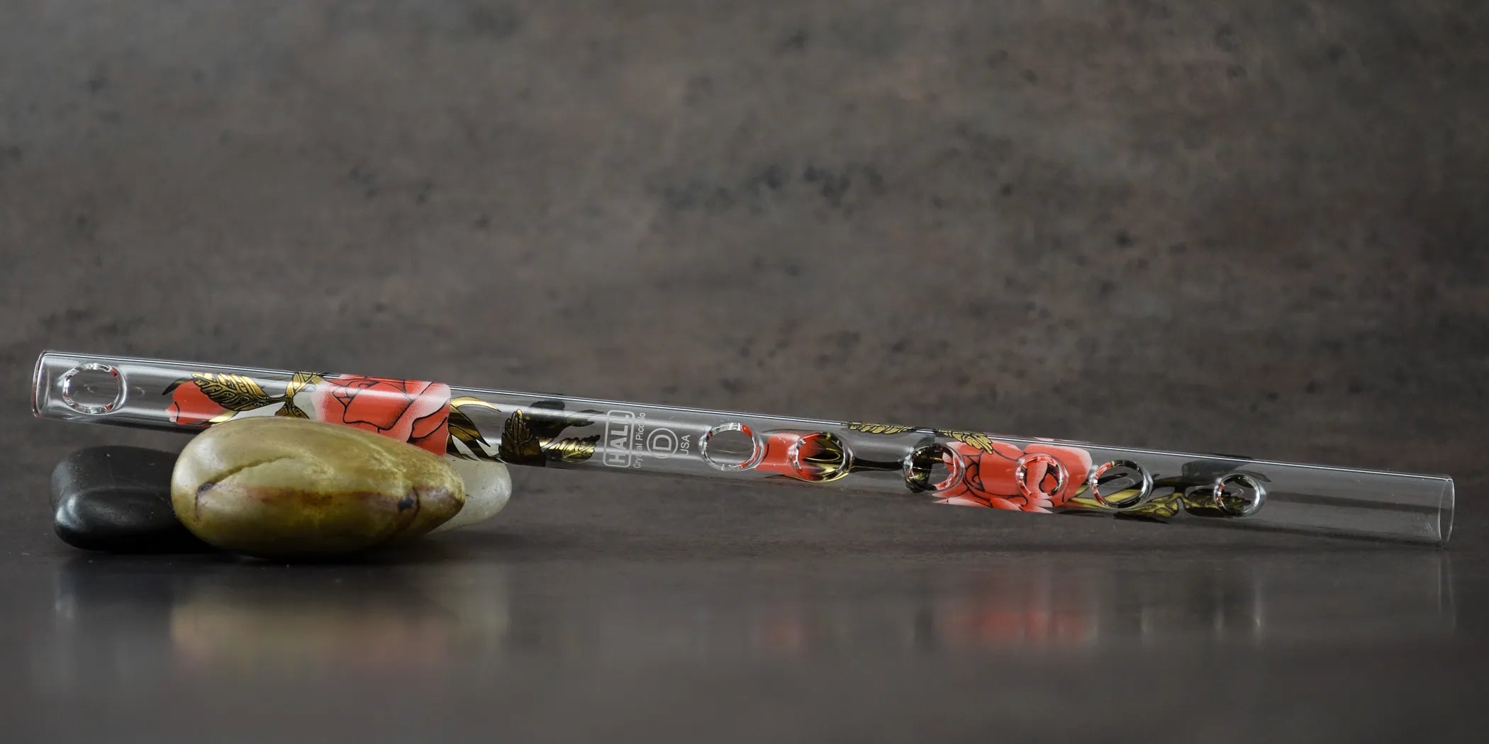 Red Rose with Gold Leaf Hall Crystal Flute