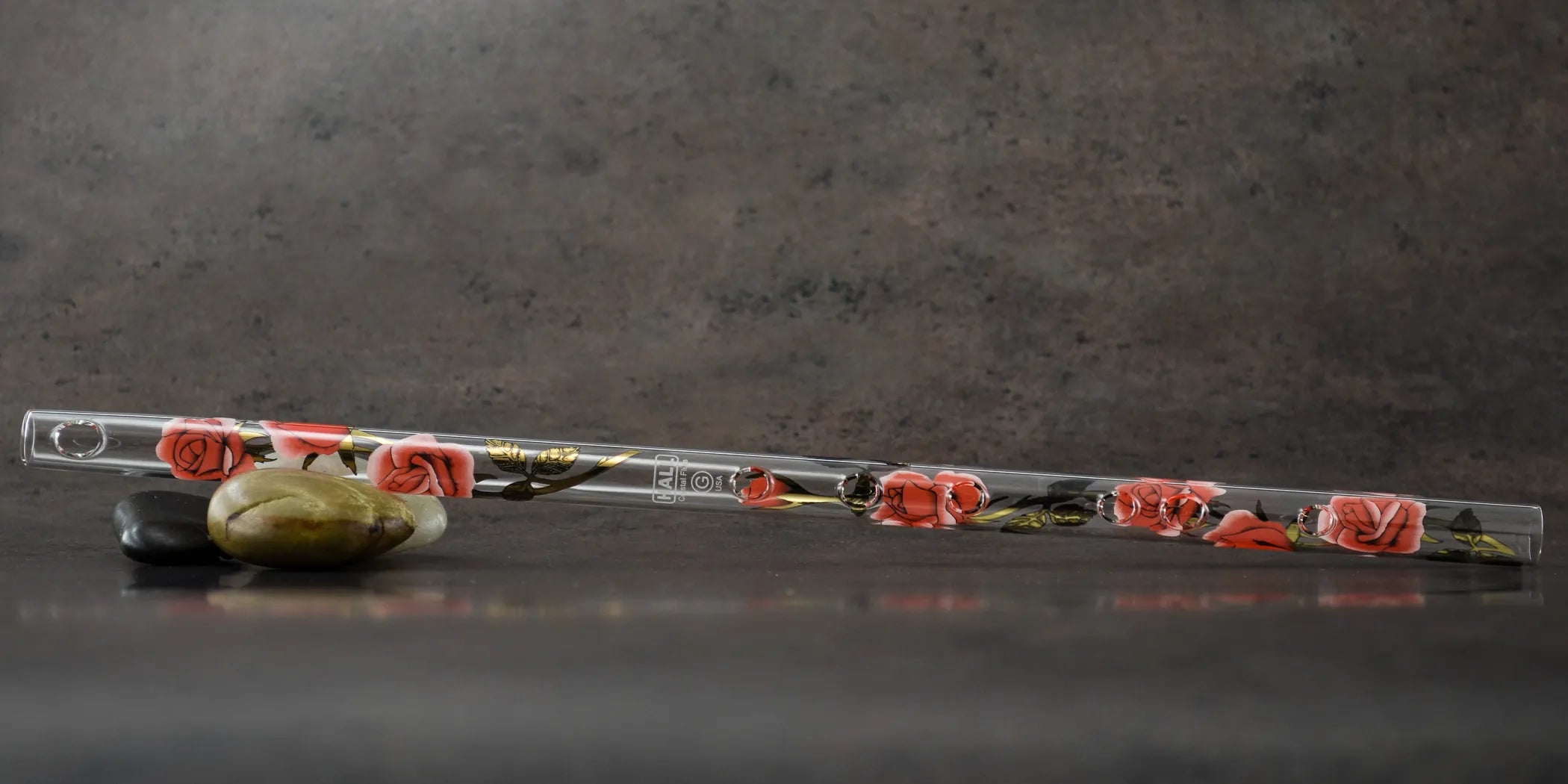 Red Rose with Gold Leaf Hall Crystal Flute