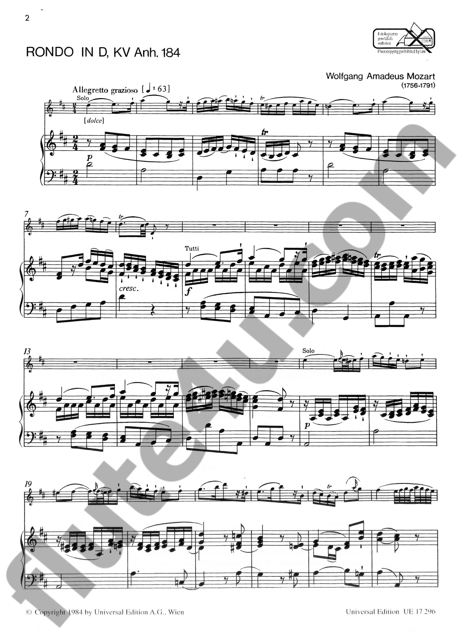 Mozart, WA :: Rondo in D, KV Anhang 184