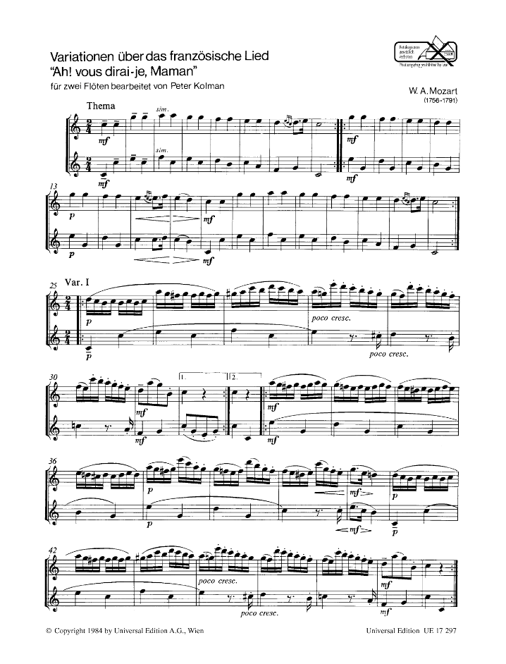 Mozart, WA :: Variationen KV 300e (265) uber 'Ah! vous dirai-je, Maman' [Variations K 300e (265) on 'Ah! vous dirai-je, Maman']