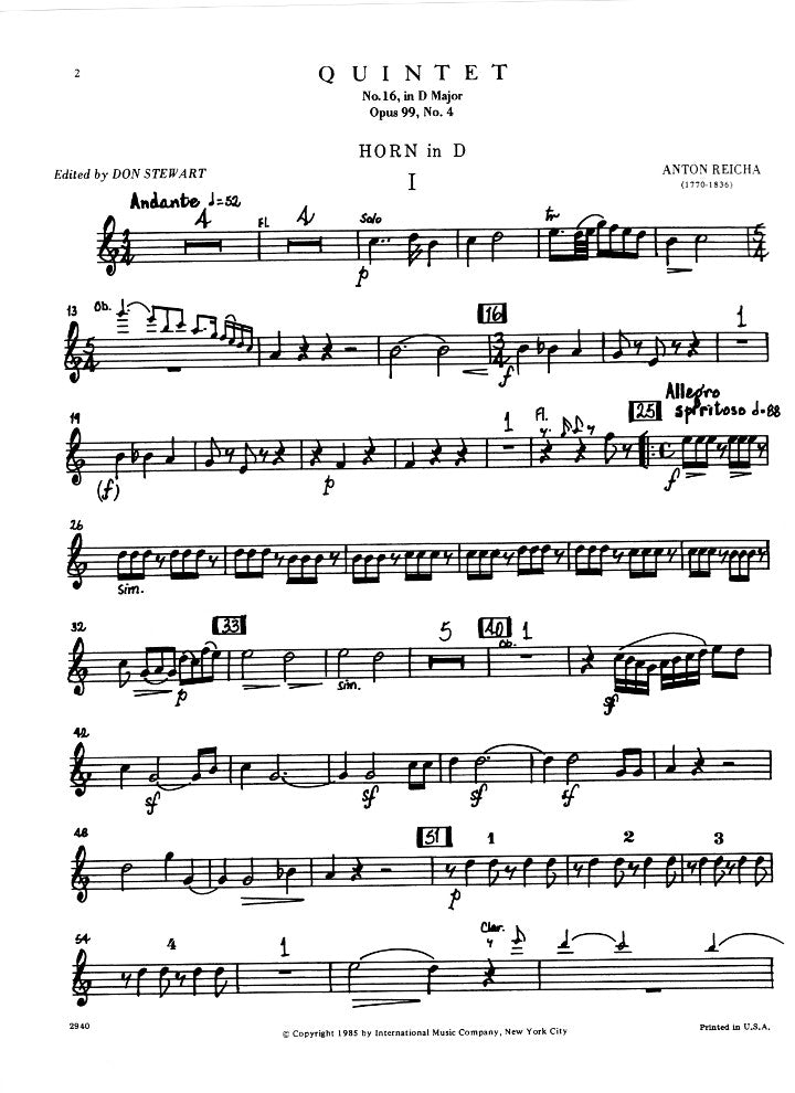 Reicha, A :: Quintet No. 16 in D major, op. 99, No. 4
