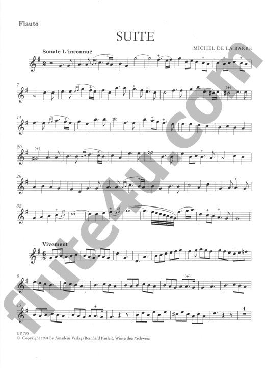 de la Barre, M :: Suite in G-dur fur Sopranblockflote (Flote, Oboe, Violine) und Basso continuo [Suite in G Major for Descant Recorder (Flute, Oboe, Violin) and Basso Continuo]