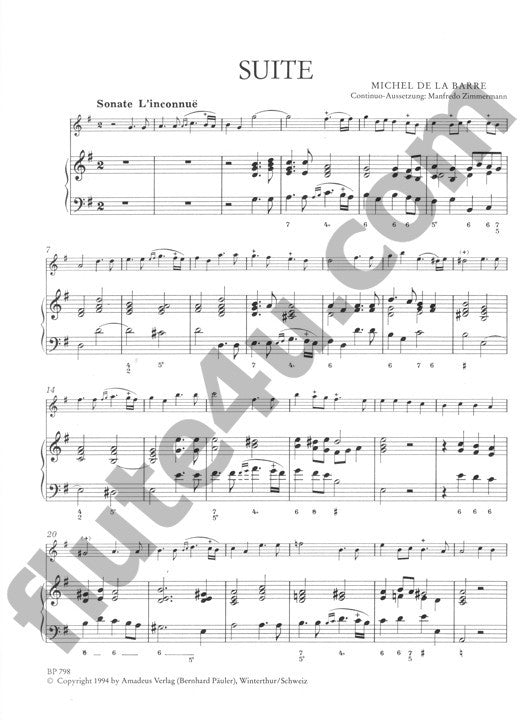 de la Barre, M :: Suite in G-dur fur Sopranblockflote (Flote, Oboe, Violine) und Basso continuo [Suite in G Major for Descant Recorder (Flute, Oboe, Violin) and Basso Continuo]