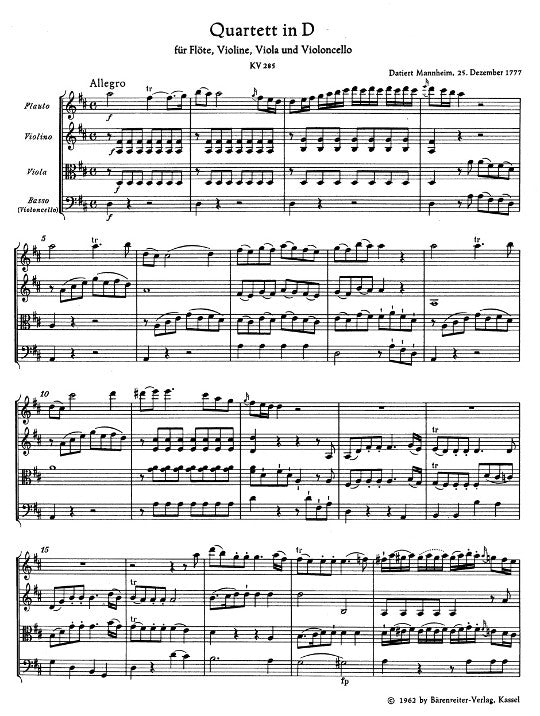 Mozart, WA :: Quartette [Quartets] fur Flote, Violine, Viola und Violoncello - KV 285, 285a, Anh. 171 (285b), KV 298 - Score