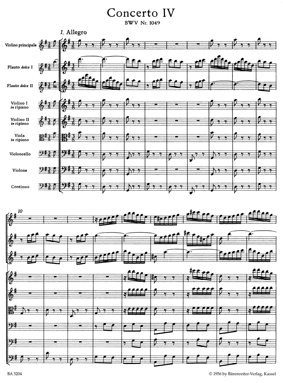 Bach, JS :: Brandenburgisches Konzert Nr. 4 G-Dur [Brandenburg Concerto No. 4 in G major] BWV 1049 - Study Score