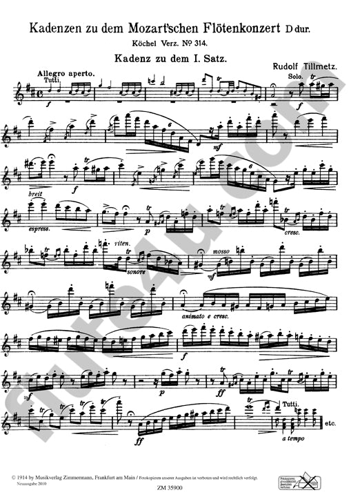 Various :: Kadenzen zum Flotenkonzert D-Dur KV314 (285d) von W.A. Mozart [Cadenzas to the Flute Concerto in D major KV314 (285d) by W.A. Mozart]
