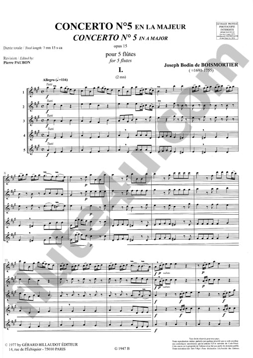 Boismortier, JB :: Concerto no. 5 en la majeur opus 15