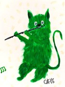 Painting - Green Yeti Kitty with Flute