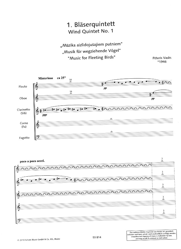Vasks, P :: Blaserquintett [Wind Quintet] No. 1, 'Music for Fleeting Birds'